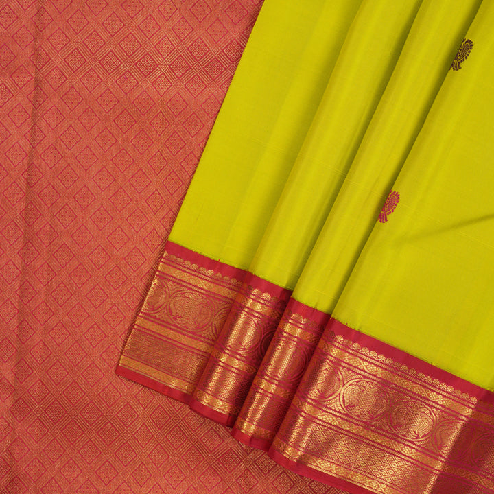 Hayagrivas Handloom Lime Green Kanjivaram Silk Saree with Ganga Jamuna Border KBE2423C2-1