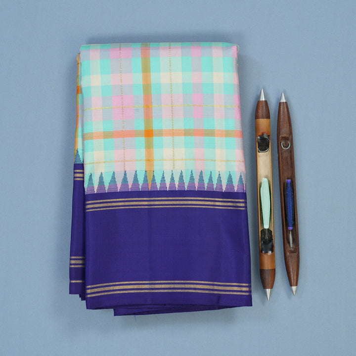 Hayagrivas Handloom Multicolour Checks Kanjivaram Silk Saree with Purplish-Blue Border KBE2427C4-1