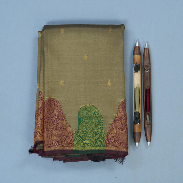 Hayagrivas Handloom Greenish-Grey Kanjivaram Silk Saree with Turning Border KBE2428C3-1