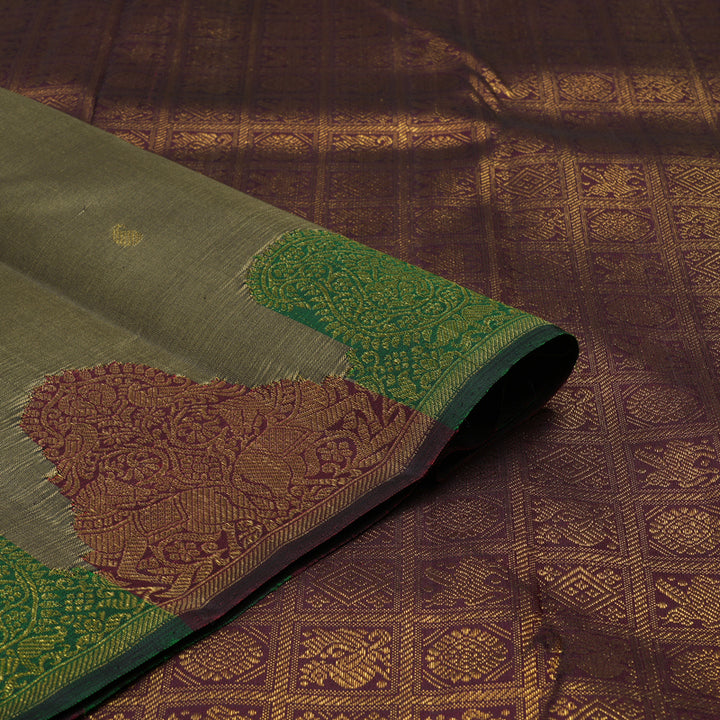 Hayagrivas Handloom Greenish-Grey Kanjivaram Silk Saree with Turning Border KBE2428C3-1