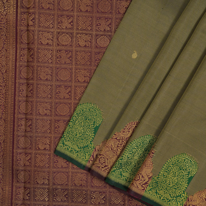 Hayagrivas Handloom Greenish-Grey Kanjivaram Silk Saree with Turning Border KBE2428C3-1