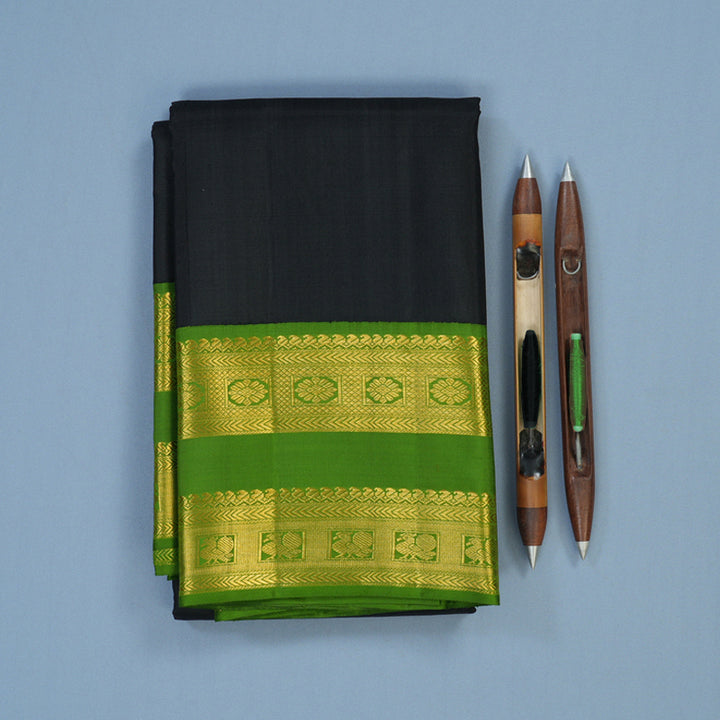 Hayagrivas Handloom Black Kanjivaram Silk Saree with Olive Green Border KBE2429C2-1