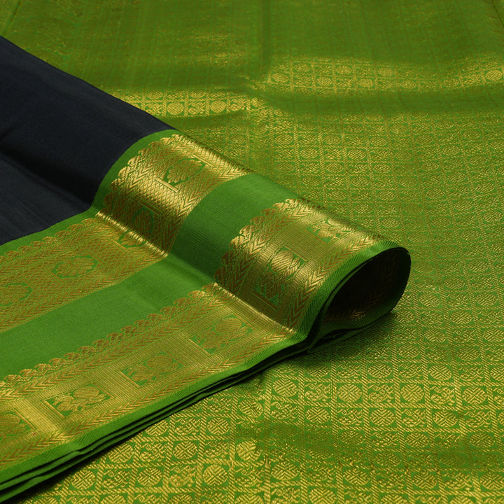 Hayagrivas Handloom Black Kanjivaram Silk Saree with Olive Green Border KBE2429C2-1