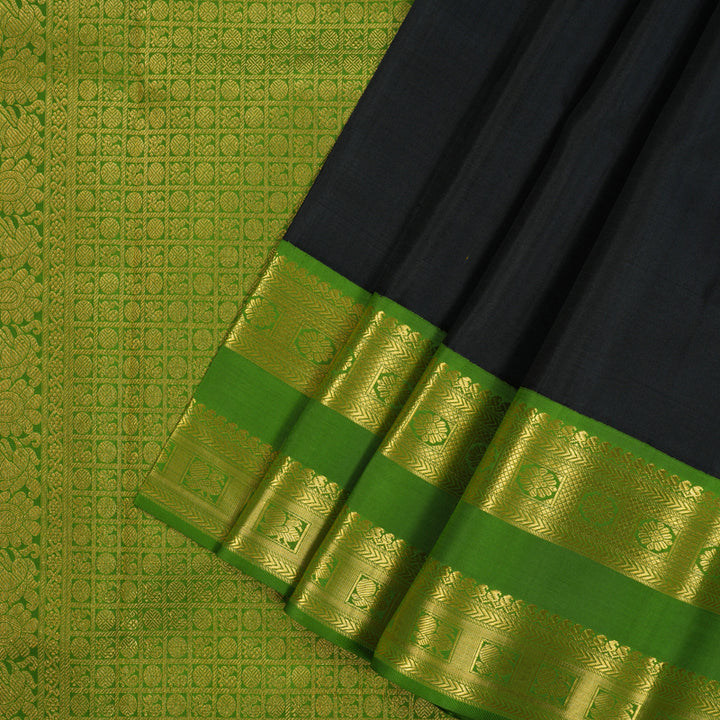 Hayagrivas Handloom Black Kanjivaram Silk Saree with Olive Green Border KBE2429C2-1