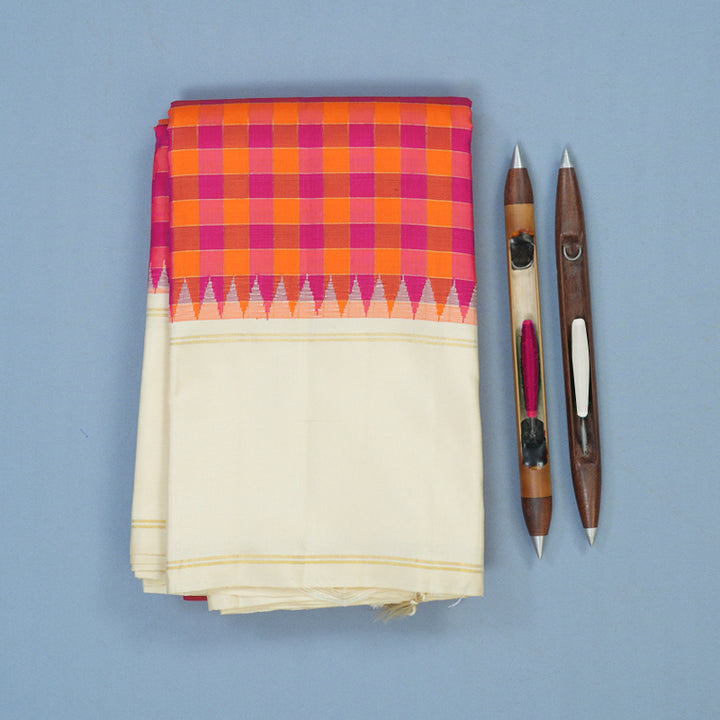 Hayagrivas Handloom Orange & Pink Checks Kanjivaram Silk Saree with Half-White Border KBE2431C7-1