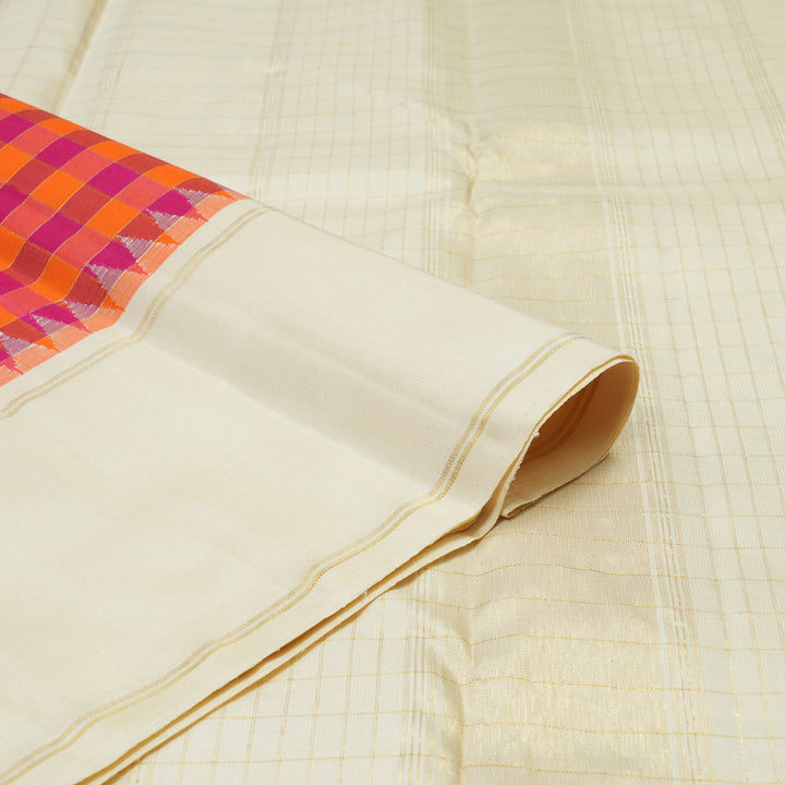 Hayagrivas Handloom Orange & Pink Checks Kanjivaram Silk Saree with Half-White Border KBE2431C7-1