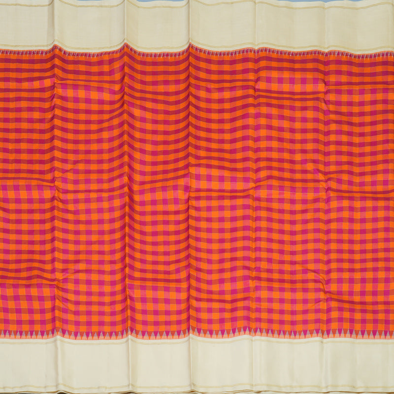 Hayagrivas Handloom Orange & Pink Checks Kanjivaram Silk Saree with Half-White Border KBE2431C7-1
