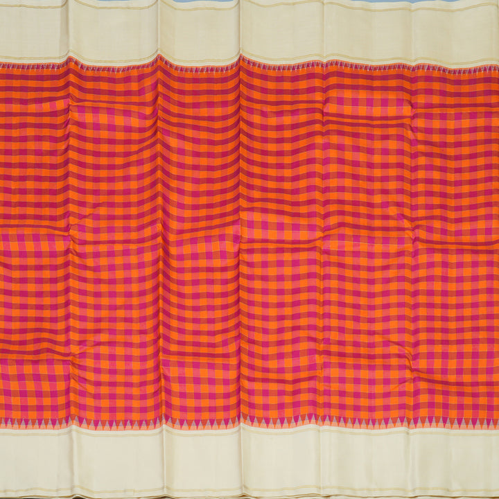 Hayagrivas Handloom Orange & Pink Checks Kanjivaram Silk Saree with Half-White Border KBE2431C7-1