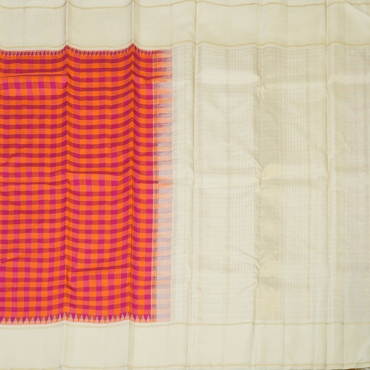 Hayagrivas Handloom Orange & Pink Checks Kanjivaram Silk Saree with Half-White Border KBE2431C7-1