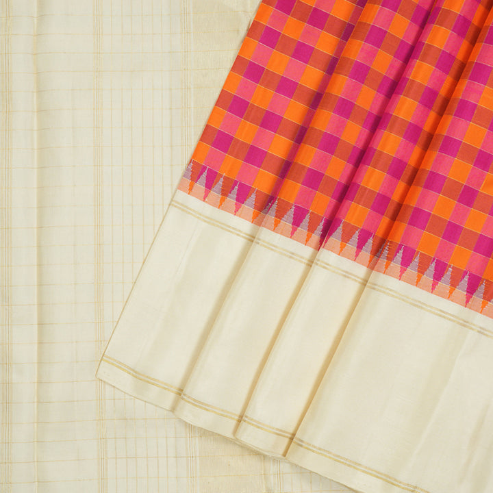 Hayagrivas Handloom Orange & Pink Checks Kanjivaram Silk Saree with Half-White Border KBE2431C7-1