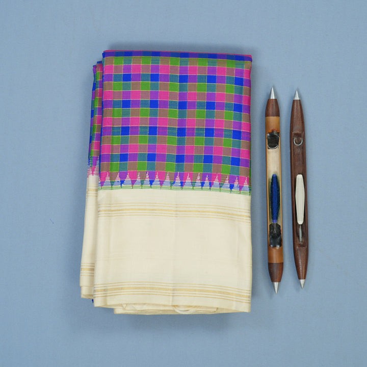 Hayagrivas Handloom Multicolour Checks Kanjivaram Silk Saree with Cream Border KBE2432C6-1