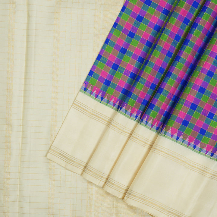 Hayagrivas Handloom Multicolour Checks Kanjivaram Silk Saree with Cream Border KBE2432C6-1