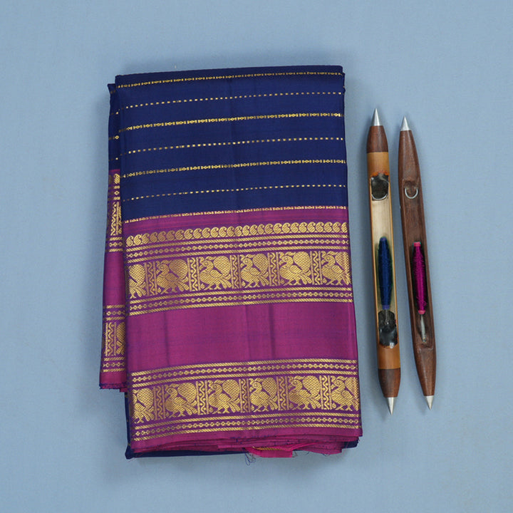 Hayagrivas Handloom Dark Blue Kanjivaram Silk Saree with Wine Purple Border KBE2438C1-2