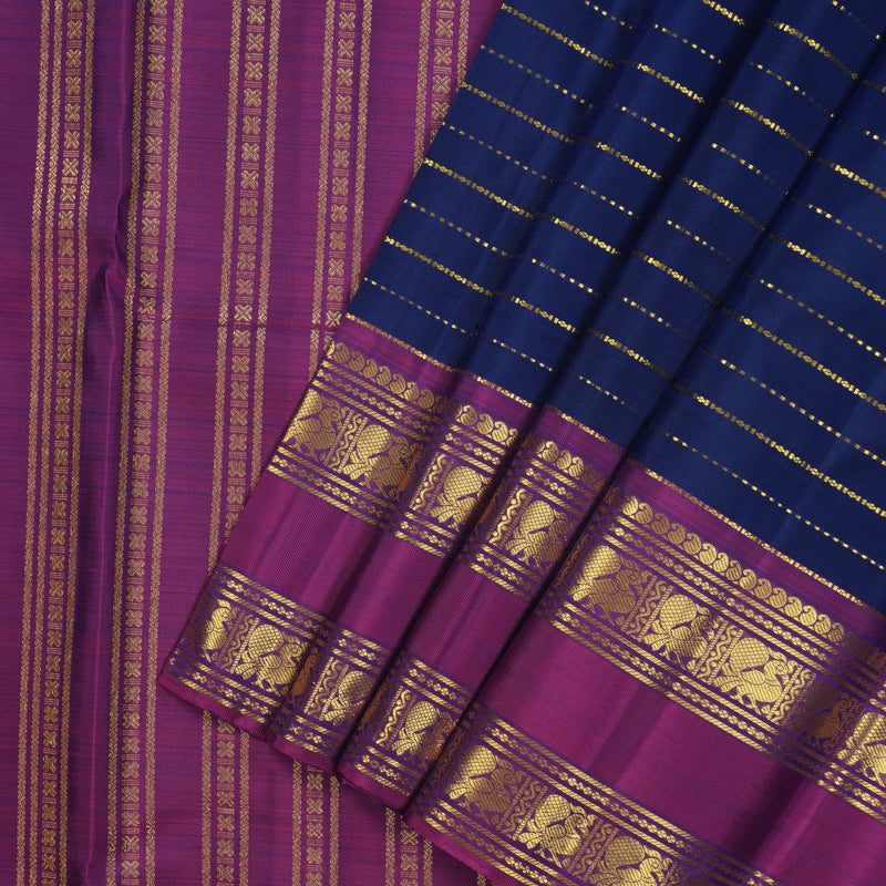 Hayagrivas Handloom Dark Blue Kanjivaram Silk Saree with Wine Purple Border KBE2438C1-2