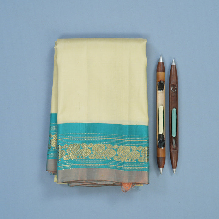 Hayagrivas Handloom Pale Yellow Kanjivaram Silk Saree with Light Blue Border KBF62D2-1