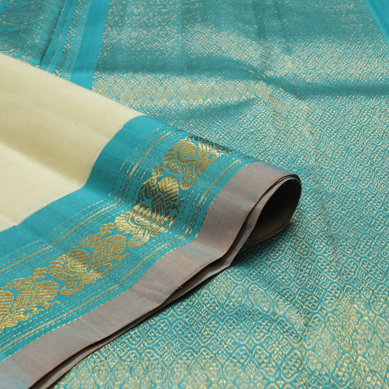 Hayagrivas Handloom Pale Yellow Kanjivaram Silk Saree with Light Blue Border KBF62D2-1