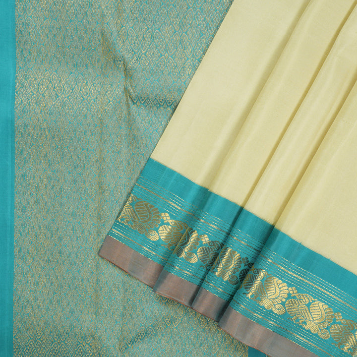 Hayagrivas Handloom Pale Yellow Kanjivaram Silk Saree with Light Blue Border KBF62D2-1