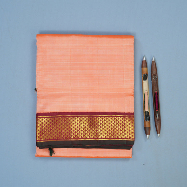 Hayagrivas Handloom Peach Orange Ten Yards Silk Saree with Maroon Border KBE2442C6-3