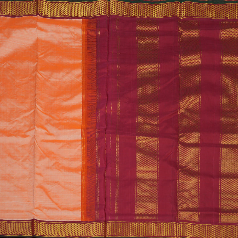 Hayagrivas Handloom Peach Orange Ten Yards Silk Saree with Maroon Border KBE2442C6-3