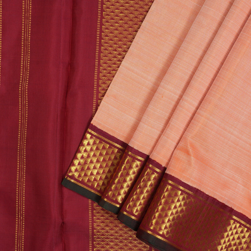 Hayagrivas Handloom Peach Orange Ten Yards Silk Saree with Maroon Border KBE2442C6-3