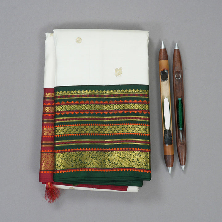 Hayagrivas Handloom Milk-White Kanjivaram Silk Saree with Ganga Jamuna Border KBE2446C14-1