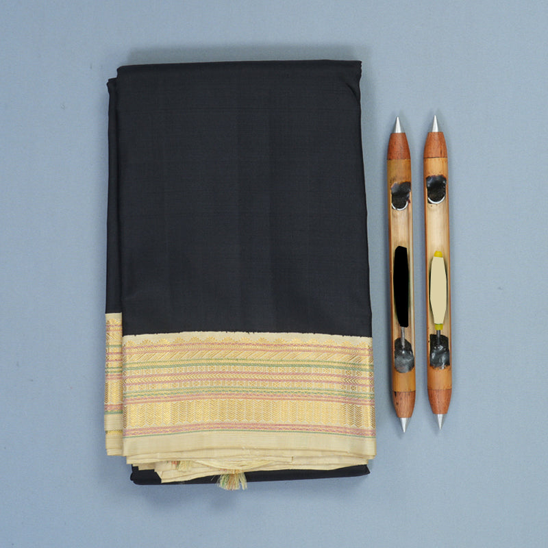 Hayagrivas Handloom Black Kanjivaram Silk Saree with Beige Border KBE2449C1-2
