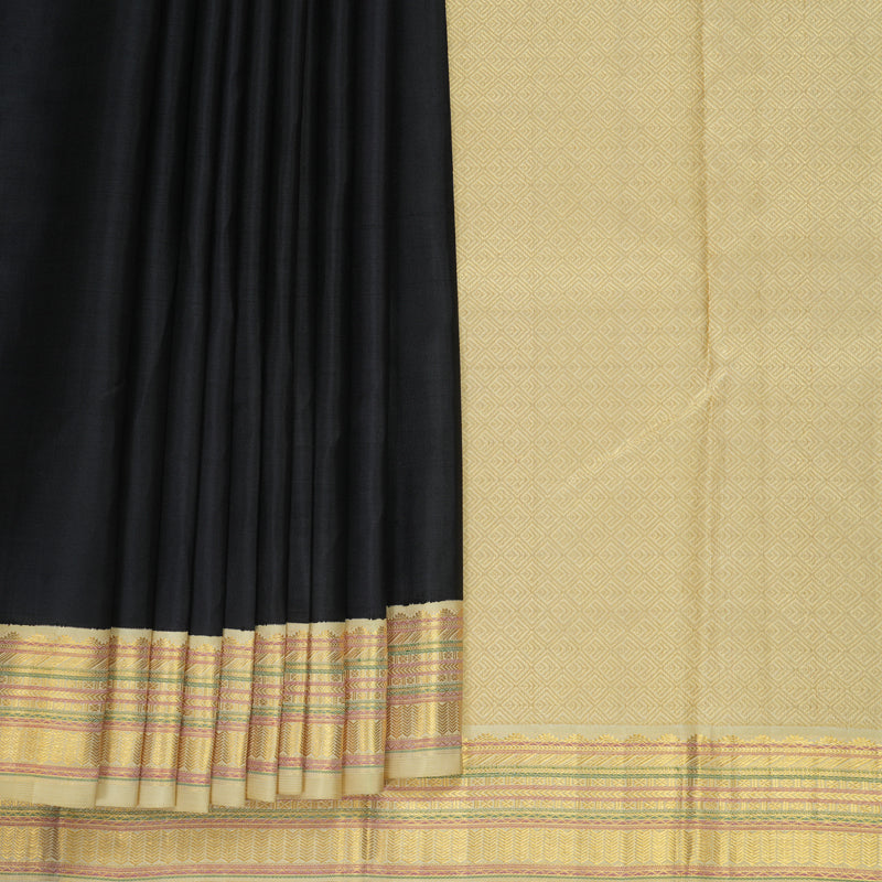 Hayagrivas Handloom Black Kanjivaram Silk Saree with Beige Border KBE2449C1-2