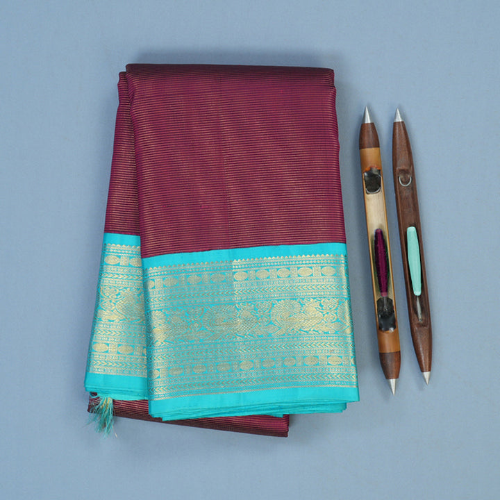 Hayagrivas Handloom Wine Purple Kanjivaram Silk Saree with Sky Blue Border KBE2450C11-1