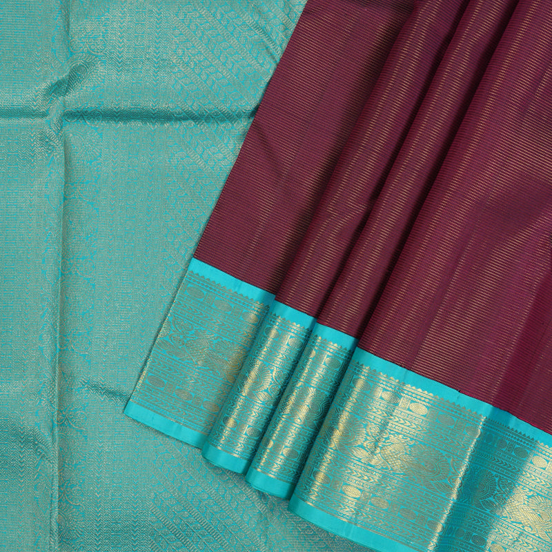 Hayagrivas Handloom Wine Purple Kanjivaram Silk Saree with Sky Blue Border KBE2450C11-1