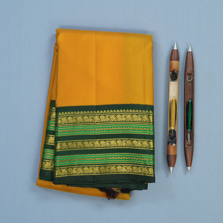 Hayagrivas Handloom Mustard Kanjivaram Silk Saree with Bottle Green Border KBE2450C7-1