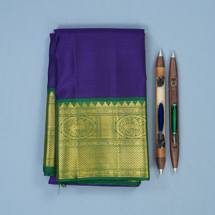 Hayagrivas Handloom Purplish-Blue Kanjivaram Silk Saree with Dark Green Border KBE2452C2-1