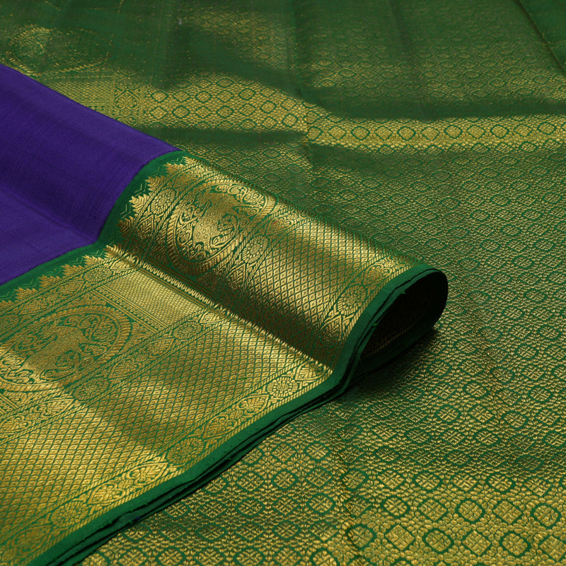 Hayagrivas Handloom Purplish-Blue Kanjivaram Silk Saree with Dark Green Border KBE2452C2-1