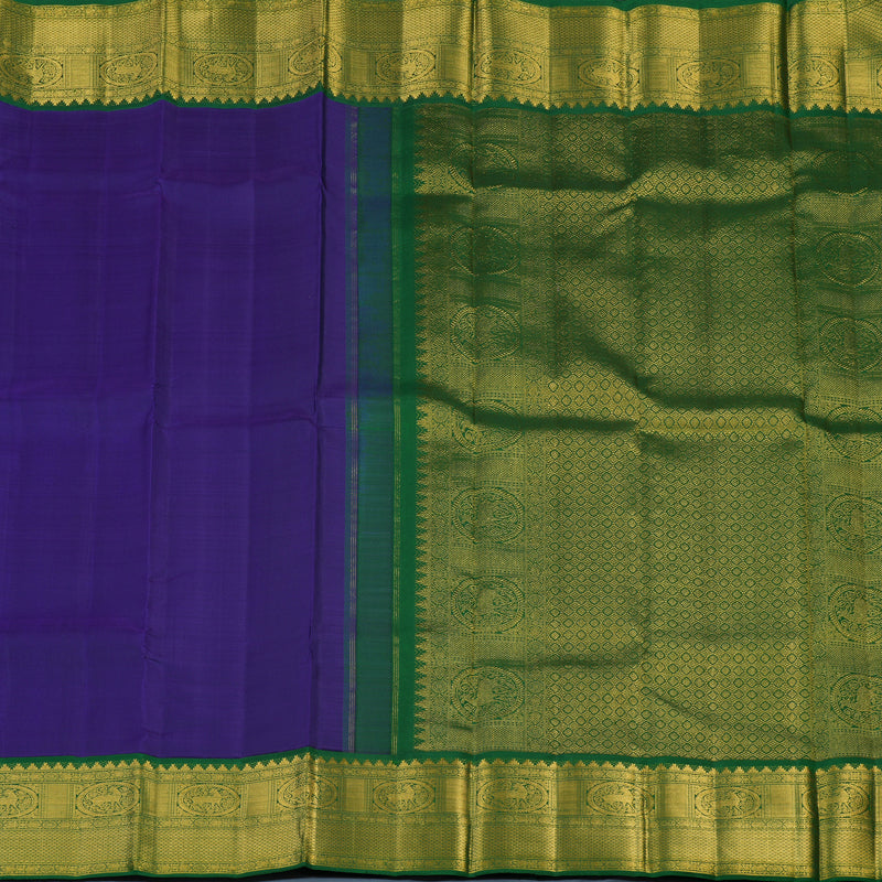 Hayagrivas Handloom Purplish-Blue Kanjivaram Silk Saree with Dark Green Border KBE2452C2-1