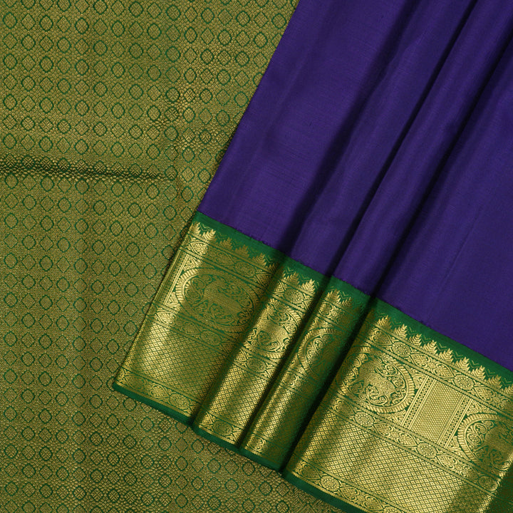 Hayagrivas Handloom Purplish-Blue Kanjivaram Silk Saree with Dark Green Border KBE2452C2-1