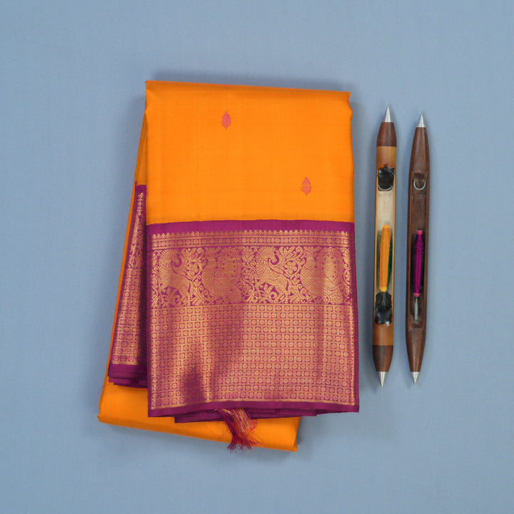 Hayagrivas Handloom Orange Kanjivaram Silk Saree with Magenta Border KBE2457C1-1