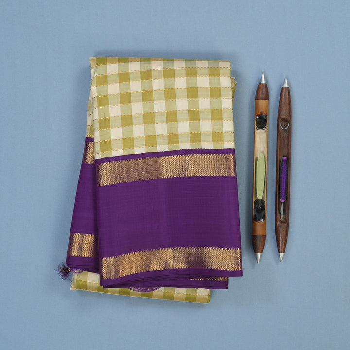 Hayagrivas Handloom Cream & Pista Green Checks Kanjivaram Silk Saree with Purple Border KBE2457C4-1