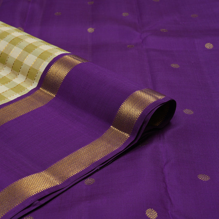 Hayagrivas Handloom Cream & Pista Green Checks Kanjivaram Silk Saree with Purple Border KBE2457C4-1