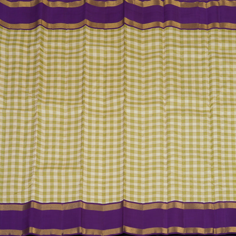 Hayagrivas Handloom Cream & Pista Green Checks Kanjivaram Silk Saree with Purple Border KBE2457C4-1