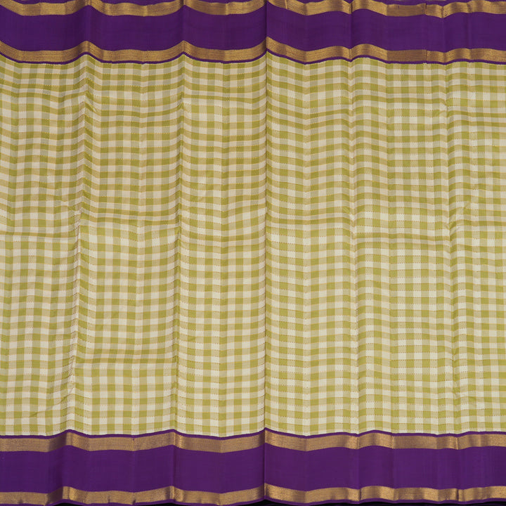Hayagrivas Handloom Cream & Pista Green Checks Kanjivaram Silk Saree with Purple Border KBE2457C4-1
