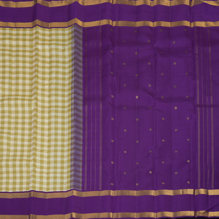 Hayagrivas Handloom Cream & Pista Green Checks Kanjivaram Silk Saree with Purple Border KBE2457C4-1