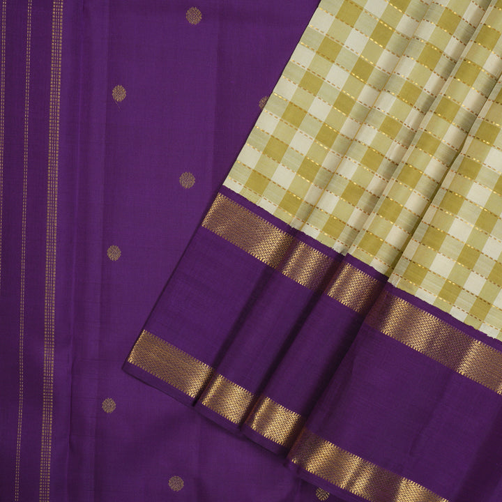 Hayagrivas Handloom Cream & Pista Green Checks Kanjivaram Silk Saree with Purple Border KBE2457C4-1