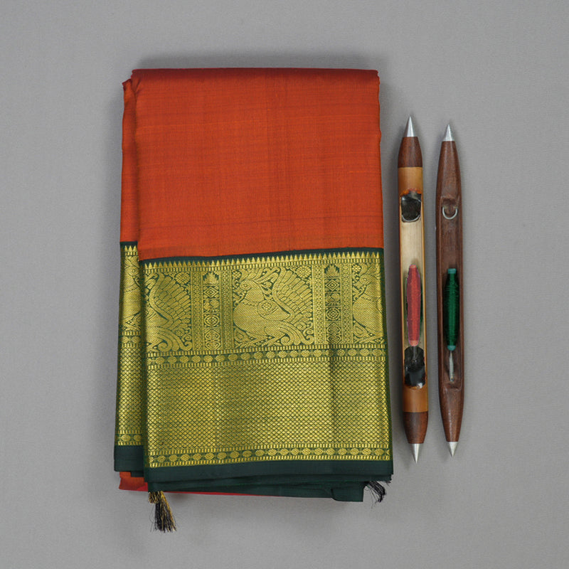 Hayagrivas Handloom Rust Orange Kanjivaram Silk Saree with Bottle Green Border KBE2460C7-1