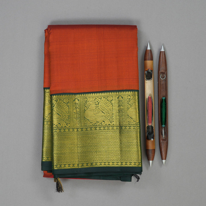 Hayagrivas Handloom Rust Orange Kanjivaram Silk Saree with Bottle Green Border KBE2460C7-1