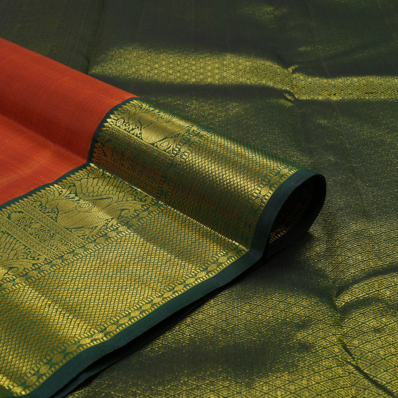 Hayagrivas Handloom Rust Orange Kanjivaram Silk Saree with Bottle Green Border KBE2460C7-1
