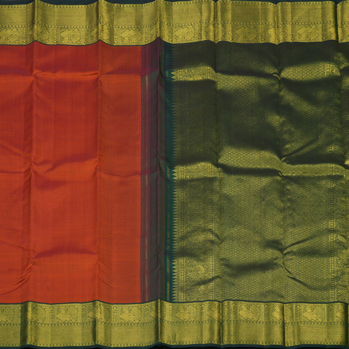 Hayagrivas Handloom Rust Orange Kanjivaram Silk Saree with Bottle Green Border KBE2460C7-1