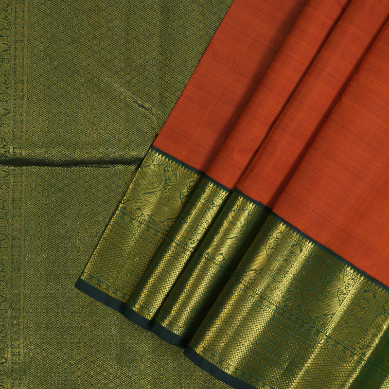 Hayagrivas Handloom Rust Orange Kanjivaram Silk Saree with Bottle Green Border KBE2460C7-1