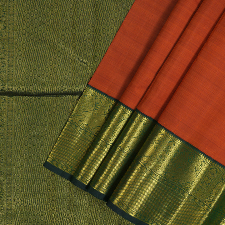Hayagrivas Handloom Rust Orange Kanjivaram Silk Saree with Bottle Green Border KBE2460C7-1