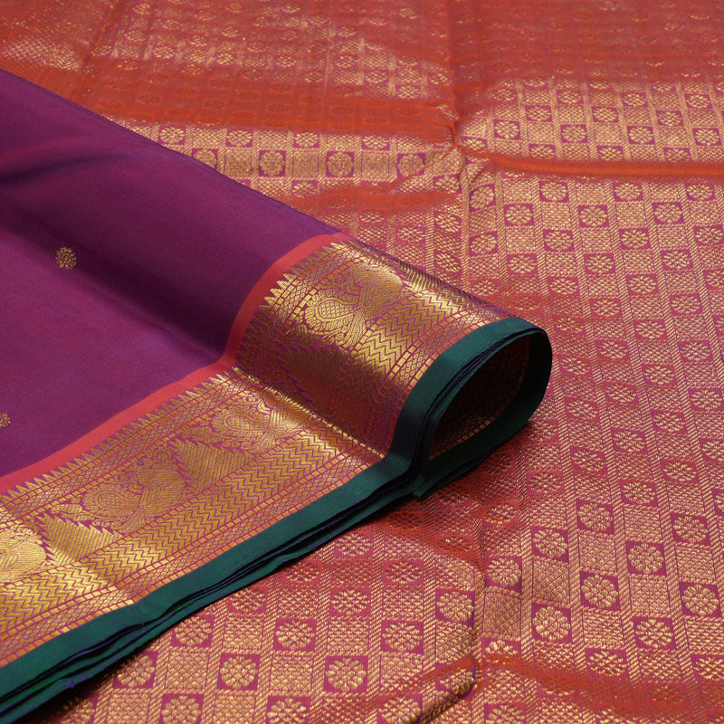 Hayagrivas Handloom Purple Kanjivaram Silk Saree with Orangish-Pink Border KBE2466C12-1