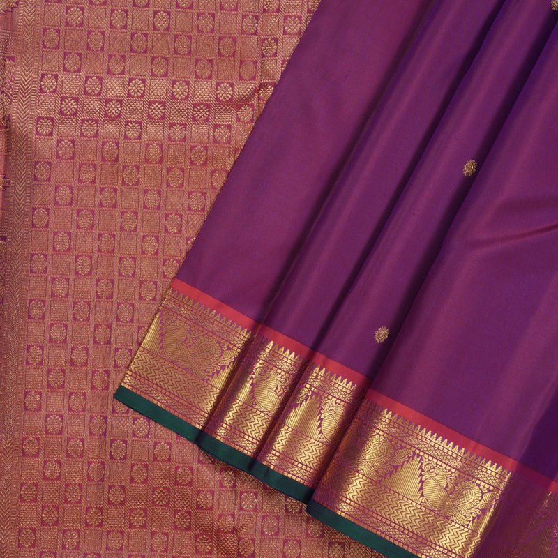 Hayagrivas Handloom Purple Kanjivaram Silk Saree with Orangish-Pink Border KBE2466C12-1