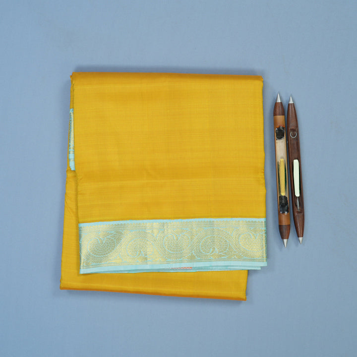 Hayagrivas Handloom Mango Yellow Ten Yards Silk Saree with Powder Blue Border KBE2467C1-10